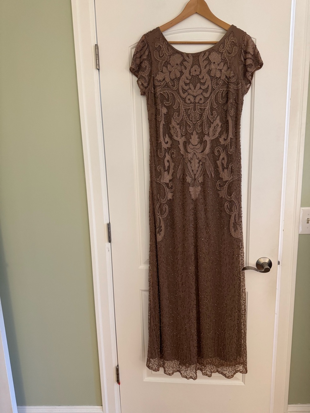 Pisarro Nights Brown Beaded Lace Maxi Dress